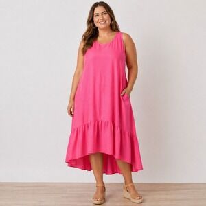 Lane Bryant Hi-Low Ruffle Midi Dress Sleeveless Hot Pink Tie Back Womens 14/16